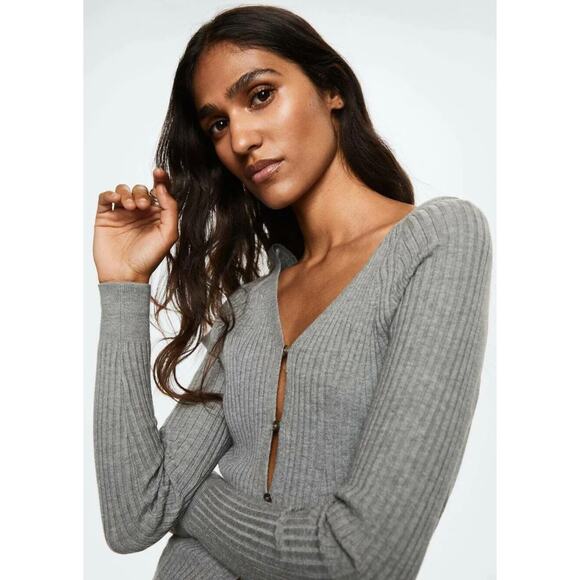 Mango Goleta Cardigan Button Ribbed V-Neck Bodycon Sweater Gray NWT - Picture 3 of 13